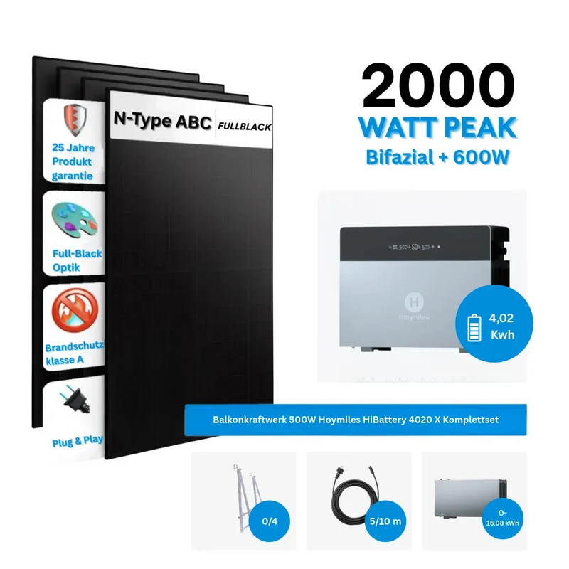 Système électrique de balcon Hoymiles HiBattery 4020 X 2000W, kit complet avec 4 panneaux solaires de 500 W