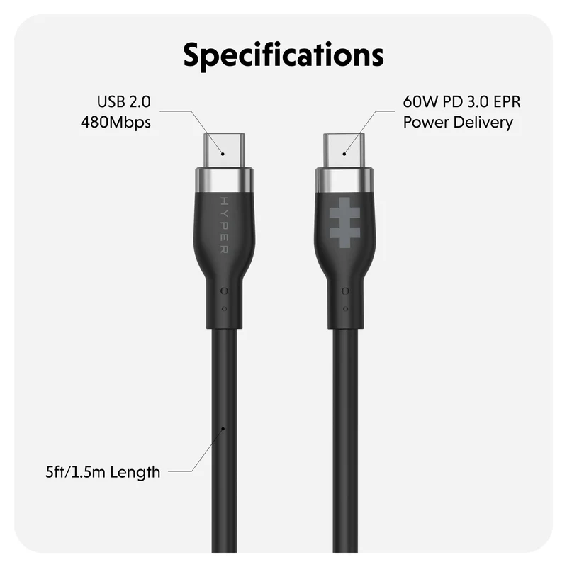 HyperJuice Câble de charge USB-C en silicone (1,5 m) - Noir