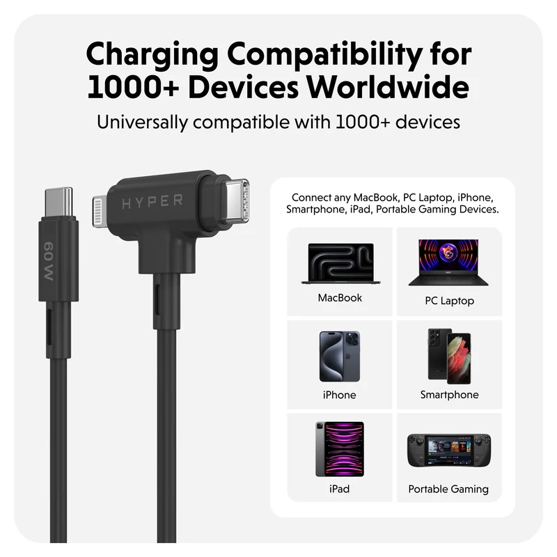 HyperJuice Câble hybride USB-C et Lightning en silicone (1,5 m) - Noir