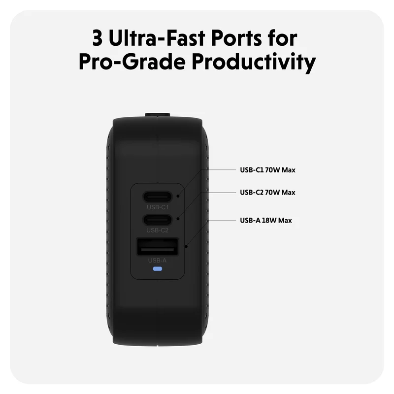 Chargeur de voyage HyperJuice® 70 W USB-C GaN testé pour la sécurité - Noir