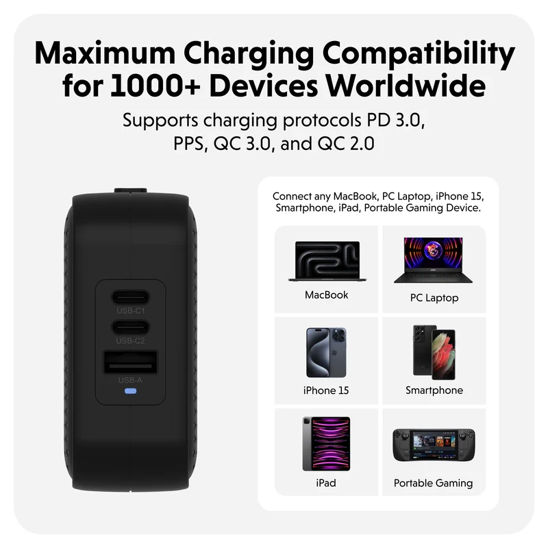Chargeur de voyage HyperJuice® 70 W USB-C GaN testé pour la sécurité - Noir