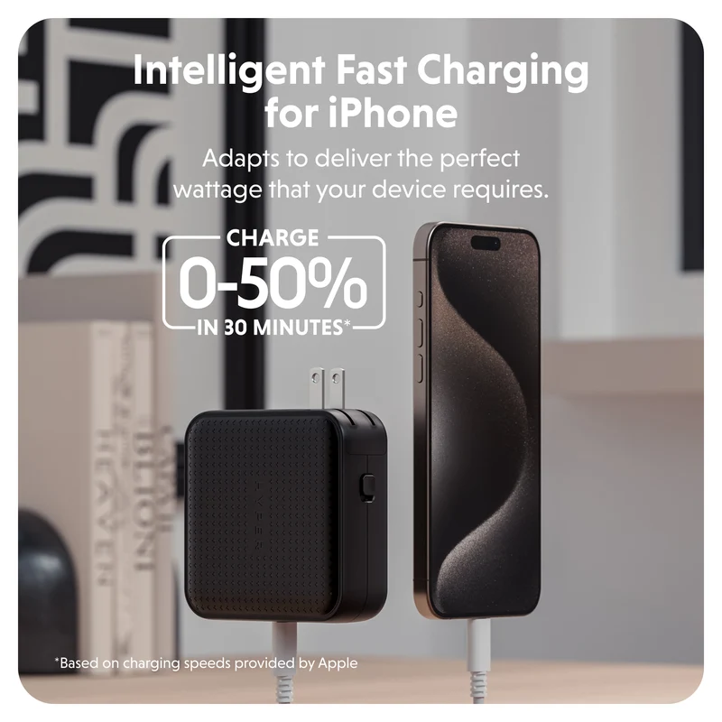 Chargeur de voyage HyperJuice® 100 W USB-C GaN testé pour la sécurité - Noir