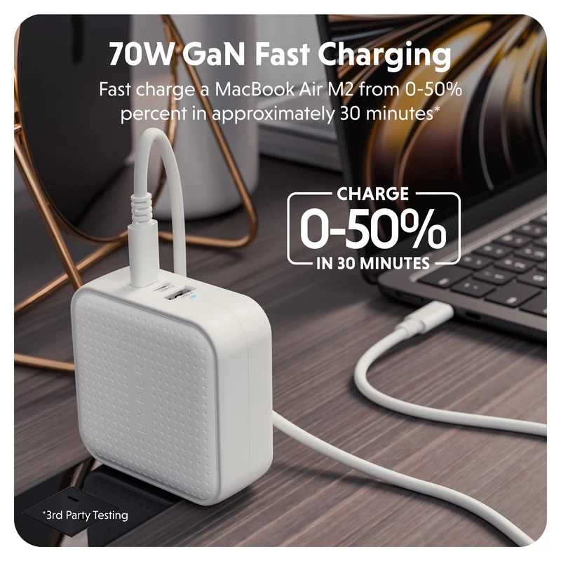 Chargeur de voyage HyperJuice® 70 W USB-C GaN testé pour la sécurité - Blanc