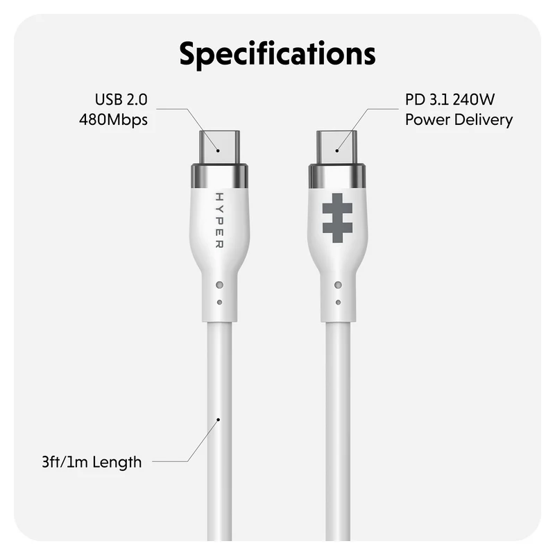 HyperJuice 240W Silicone USB-C to USB-C Cable (6ft/2m) - Blanc