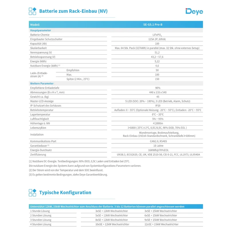 Unité de stockage de batterie Deye SE-G5.1 Pro-B LiFePO4 5,1 kWh