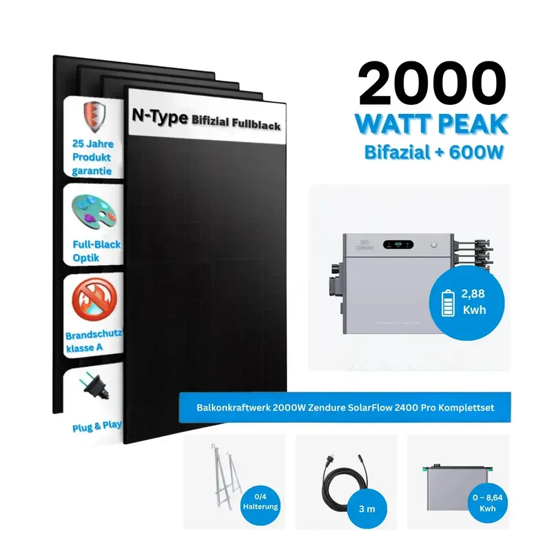 Zendure Kit SolarFlow 2400 Pro avec 4 panneaux solaires de 500 W, kit complet