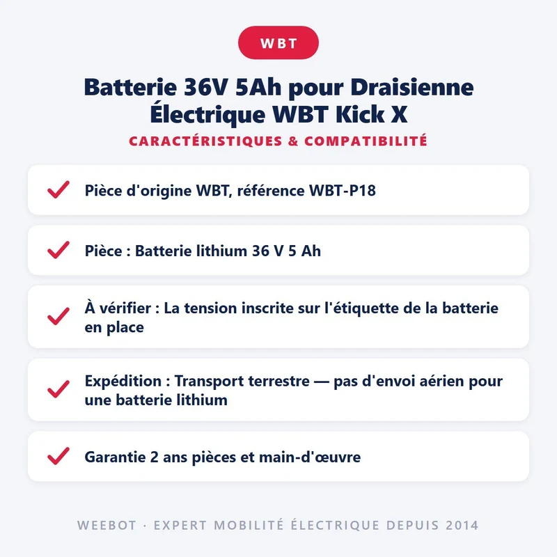 Batterie 36V 5Ah pour Draisienne Électrique WBT Kick X