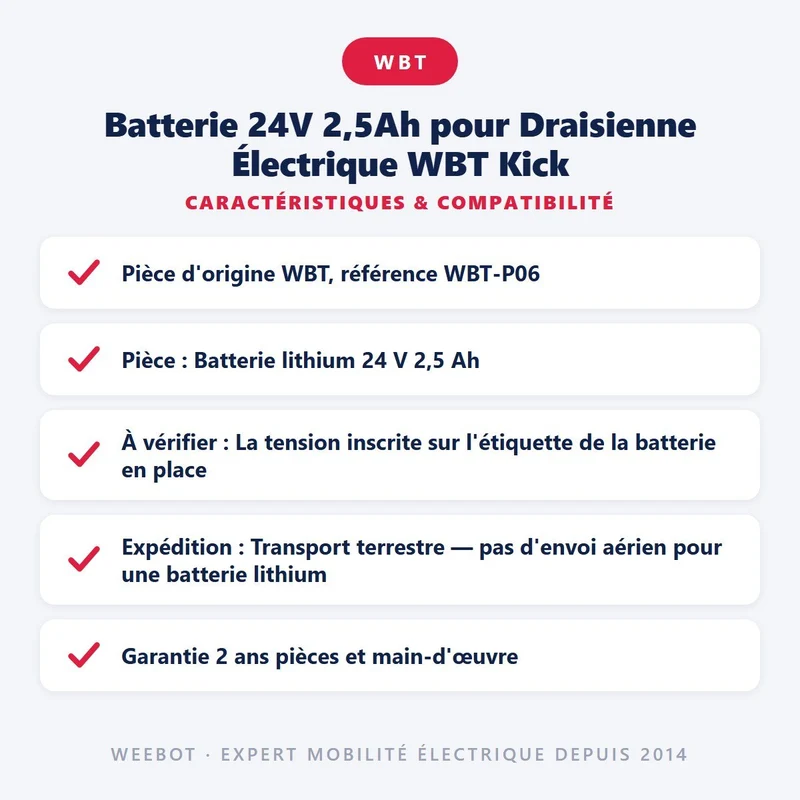 Batterie 24V 2,5Ah pour Draisienne Électrique WBT Kick