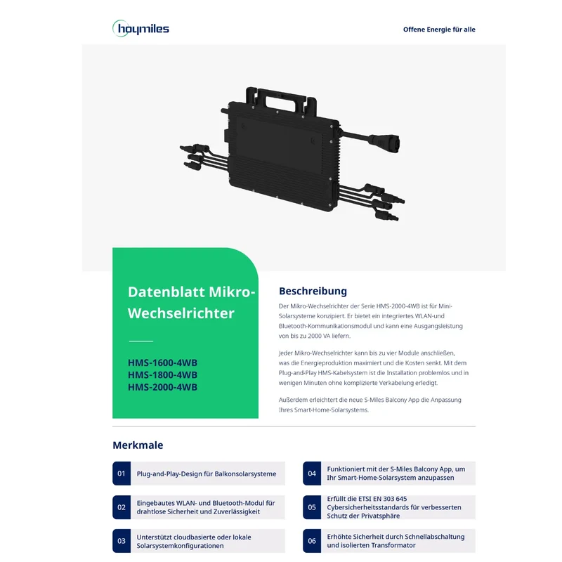 Convertisseur Hoymiles HMS-2000-4WB HiFlow, puissance réglable de 600 W à 800 W avec câble