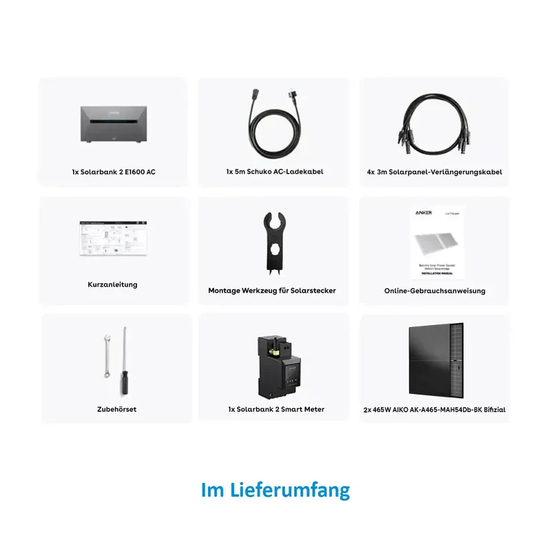 Anker SOLIX Solarbank 2 E1600 Kit d'extension CA 1,6 kWh 2 × 465 W Aiko Verre-Verre Noir intégral