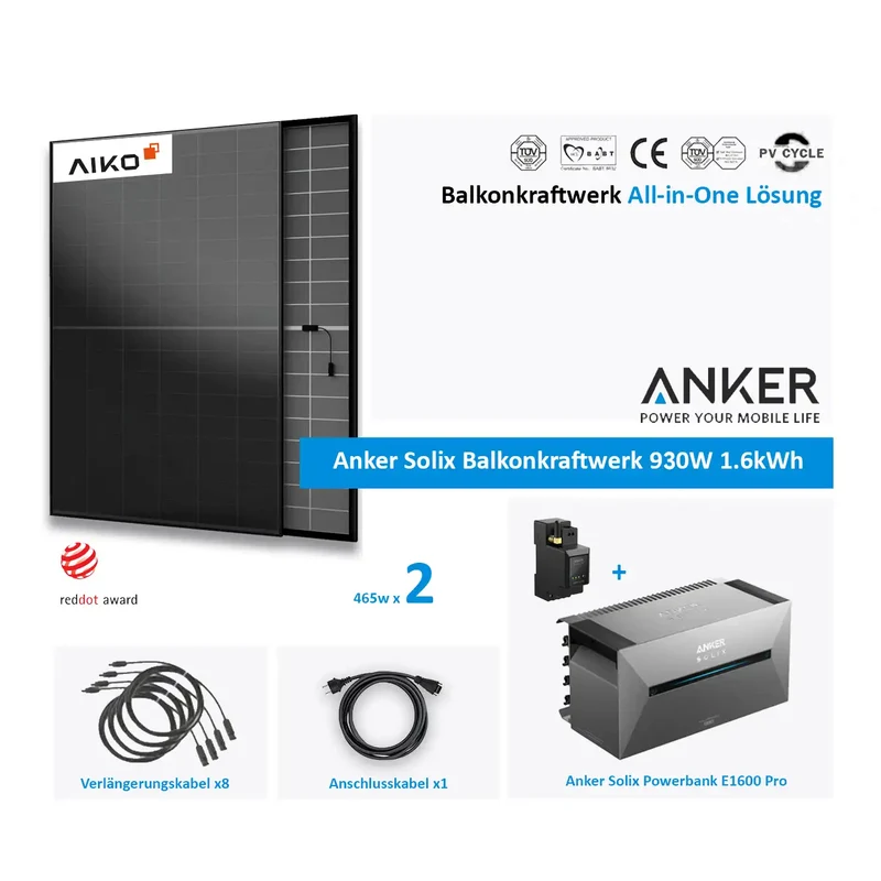 Anker Solix Groupe électrogène de balcon 930 W (2 × 465 W), Aiko, verre noir avec rangement