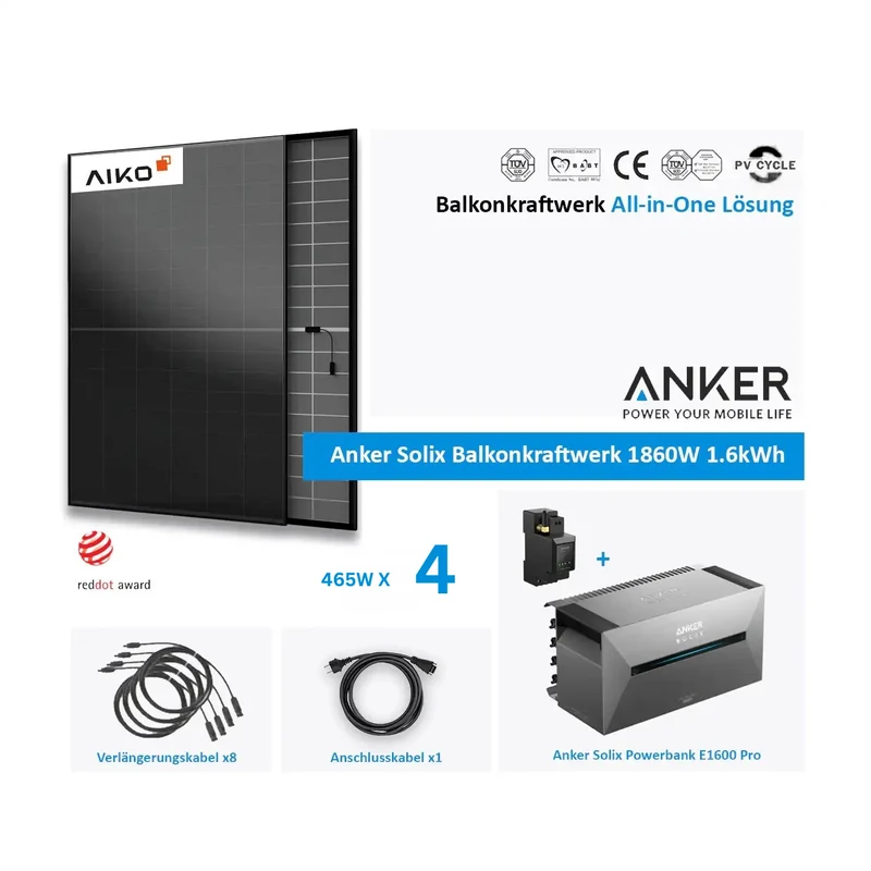 Anker Solix Groupe électrogène de balcon 1860 W (4 × 465 W), Aiko, verre noir avec rangement