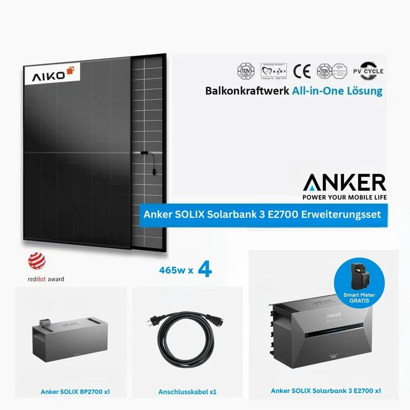 Anker SOLIX Solarbank 3 E2700 Pro Set 5,37 kWh 4 × 465 W Aiko Verre-Verre Noir Intégral