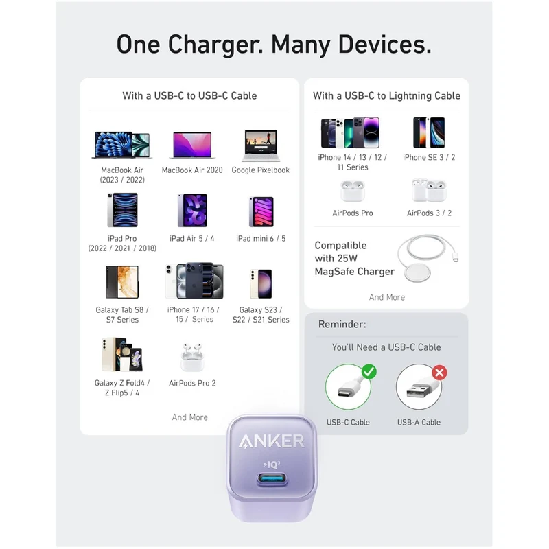 Anker Nano Phone Charger, 30W Portble and Foldable USB C GaN Charger