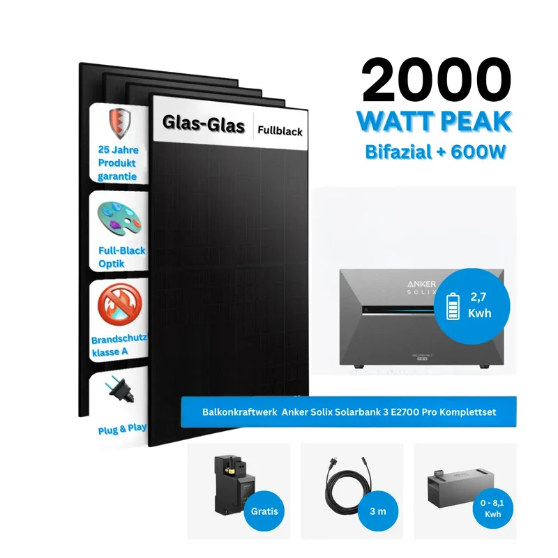 Anker SOLIX Solarbank 3 E2700 Pro Stockage pour micro-centrale de balcon avec module solaire 500 W – Kit complet