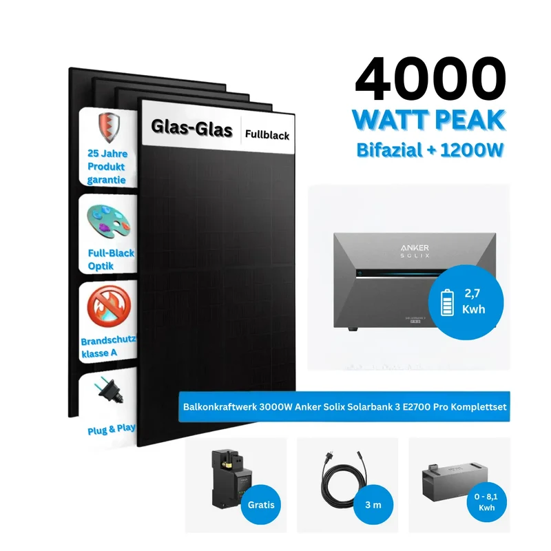 Anker SOLIX Solarbank 3 E2700 Pro Stockage pour micro-centrale de balcon avec module solaire 500 W – Kit complet