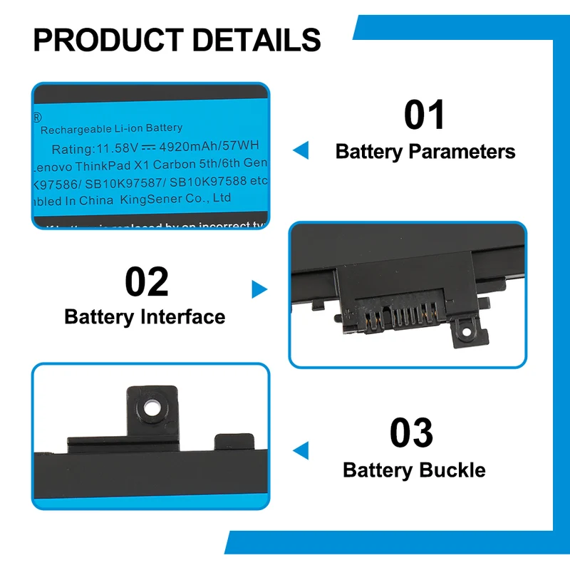 Lenovo ThinkPad X1 Carbon 5th Gen 6th Gen Replacement Laptop Battery 01AV430 11.58V 57Wh
