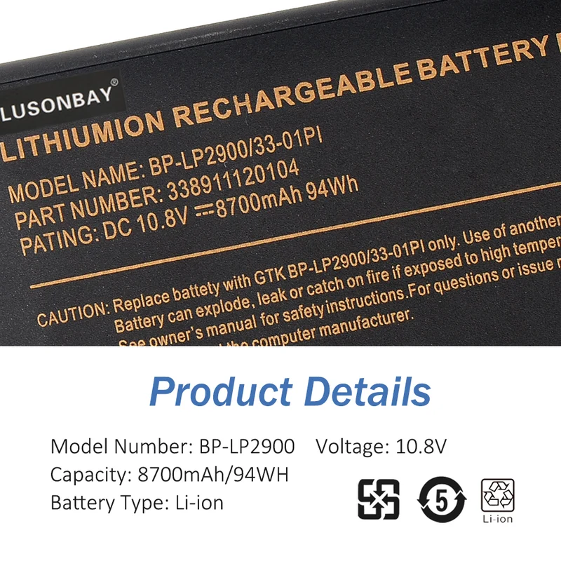 BP-LP2900 Replacement Battery for Getac X500 V100 V1010 V200 M230 338911120104 | LUSONBAY EU Stock