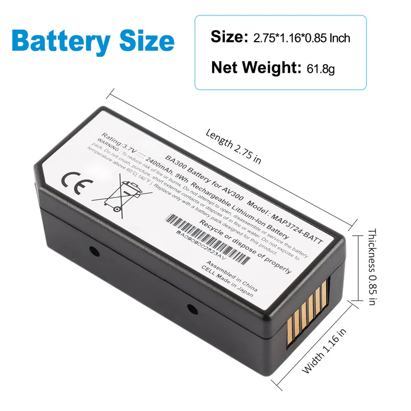 AccuVein AV300 Vein Finder Replacement Battery MAP3724-BATT 3.7V 2400mAh
