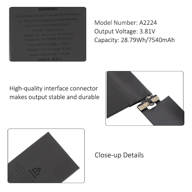 iPad Pro 11" 2020 Replacement Battery A2224 A2068 - 7540mAh 28.79Wh Li-polymer