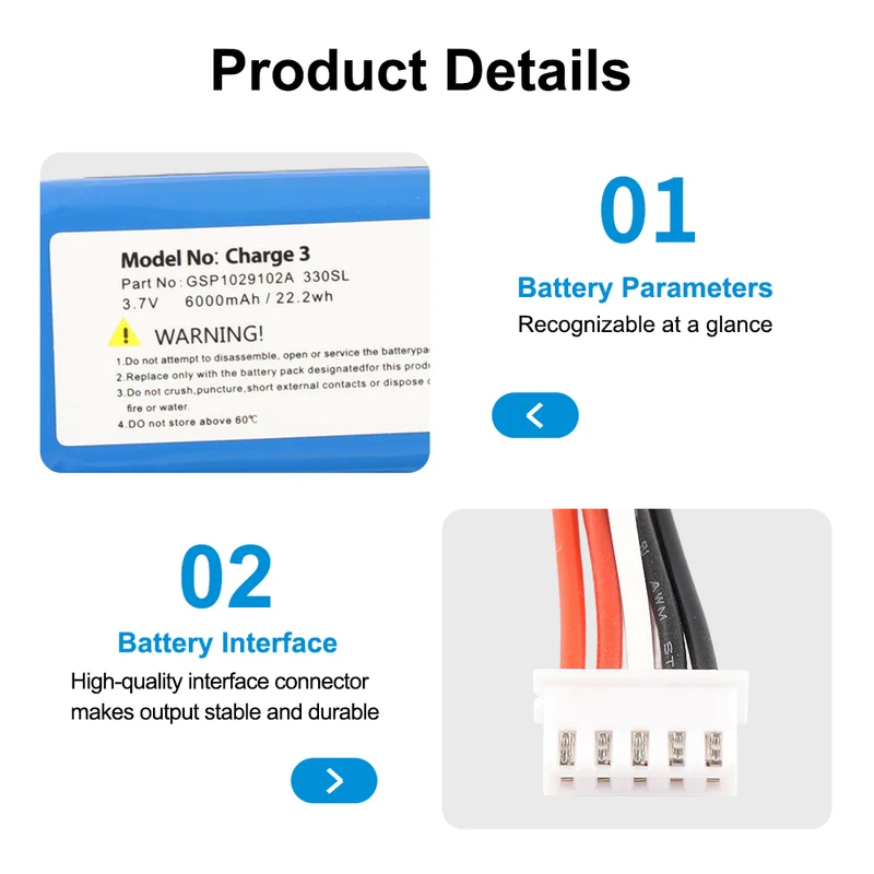 JBL Charge 3 Replacement Battery GSP1029102A 330SL - 6000mAh 3.7V Li-ion Extended Playtime