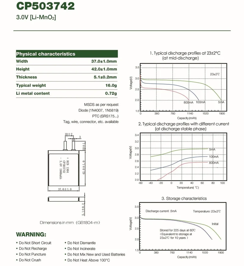 Pile CP503742 3V 1900mAh LiMnO2 à souder