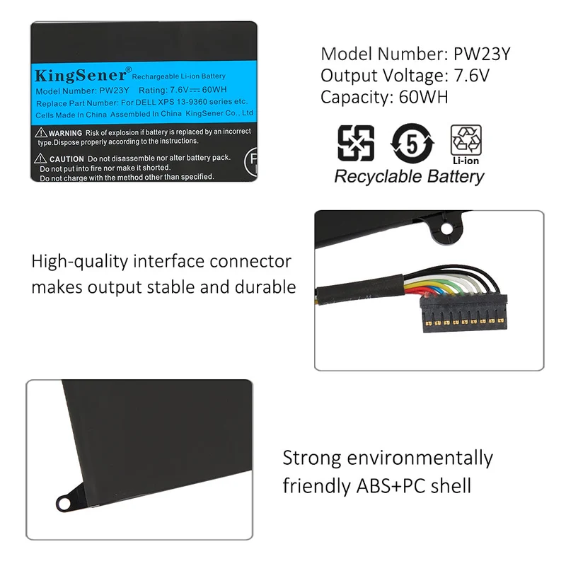 PW23Y Battery for Dell XPS 13 9360 — 7.6V 60Wh