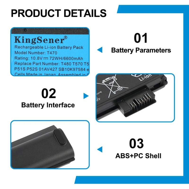 T470 61 61+ 61++ Battery for Lenovo ThinkPad T470 T480 T570 T580 — 24Wh 48Wh 72Wh