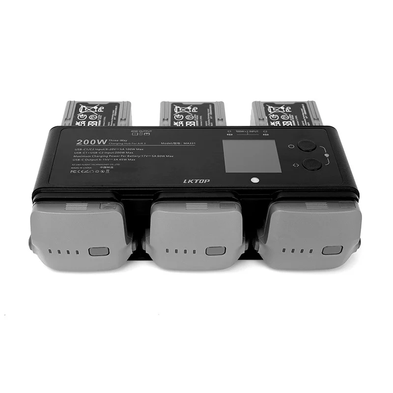 LKTOP 200W Three-Way Charging Hub for DJI Air 3 Intelligent Flight Battery – App Control & 45W Power Bank – MA331