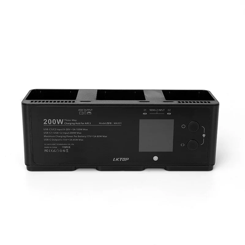 LKTOP 200W Three-Way Charging Hub for DJI Air 3 Intelligent Flight Battery – App Control & 45W Power Bank – MA331