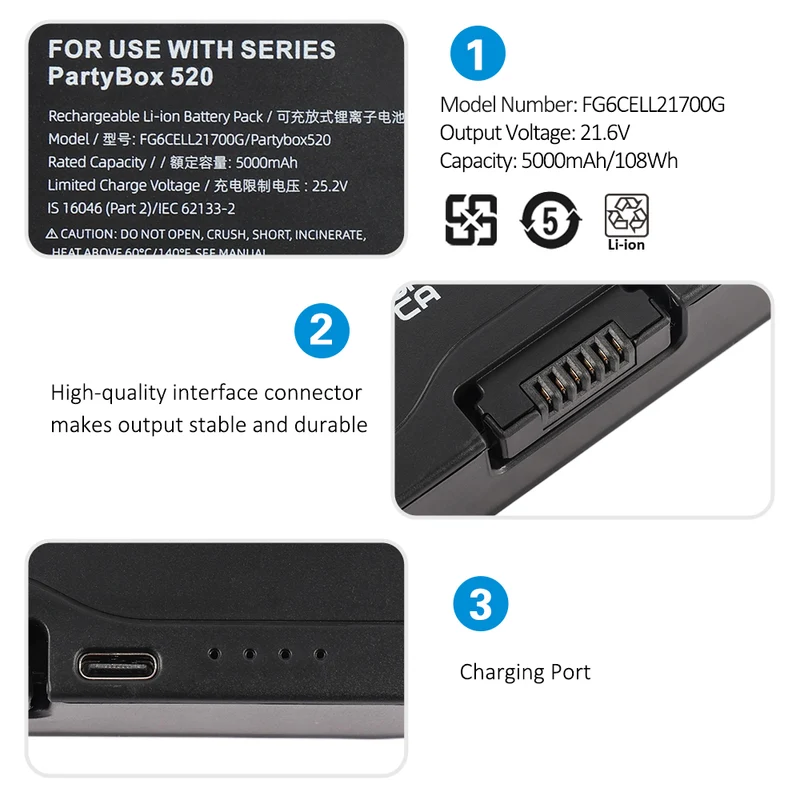 2PCS FG6CELL21700G Bluetooth Speaker Battery For JBL PartyBox 520 720 Boombox4