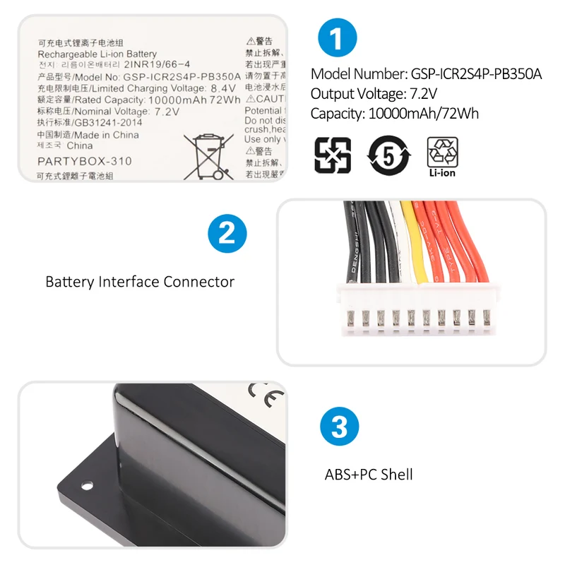GSP-ICR2S4P-PB350A Battery For JBL PartyBox 310 Bluetooth Speaker 10000mAh 7.2V