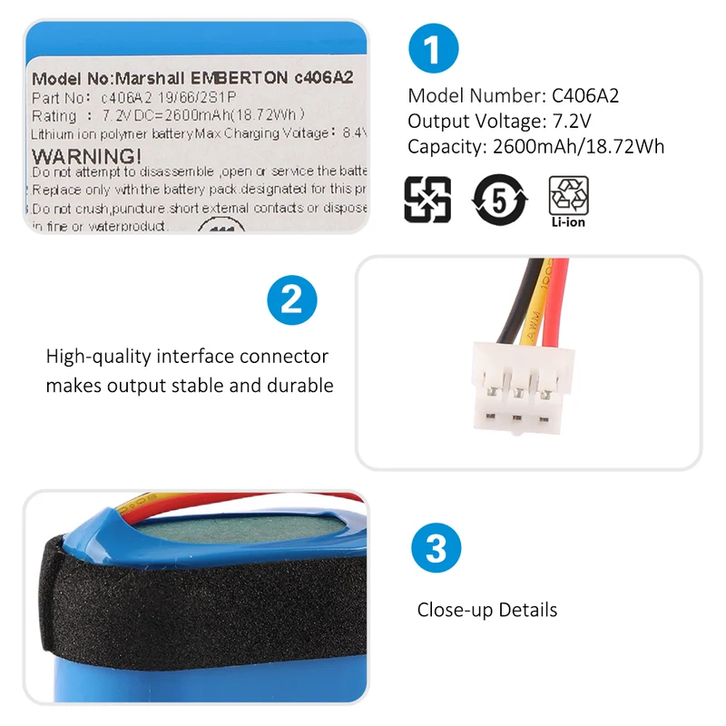 C406A2 C406A2-2 Battery For Marshall Emberton II 2 Bluetooth Speaker 1005696 1001908