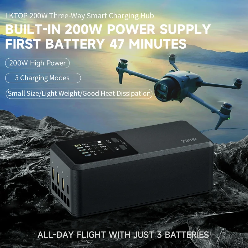 LKTOP 200W Fast Charging Hub for DJI Matrice 4T/4E Batteries | LCD Display Smart Drone Charger with USB-C Port & Quiet Cooling
