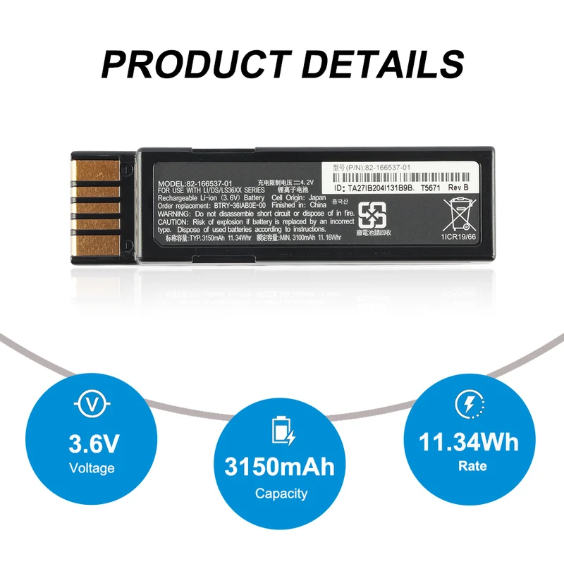 82-166537-01 Barcode Scanner Battery For ZEBRA DS3678 LI3678 LS3678 BTRY-36IAB0E-00 BTRY-RF20GA 3.6V 11.34Wh