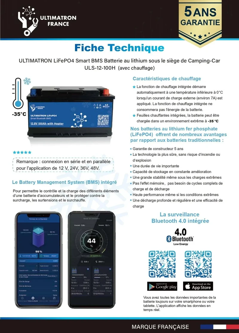 Batterie connectée Lithium LiFePO4 12V 100Ah avec chauffage intégré, série ULS
