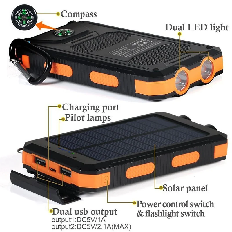20000-10000mAh strong waterproof solar power bank 20000mah compass mobile phone solar power bank