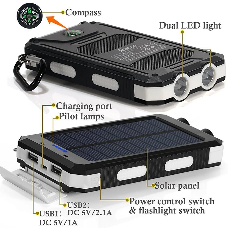 20000-10000mAh strong waterproof solar power bank 20000mah compass mobile phone solar power bank
