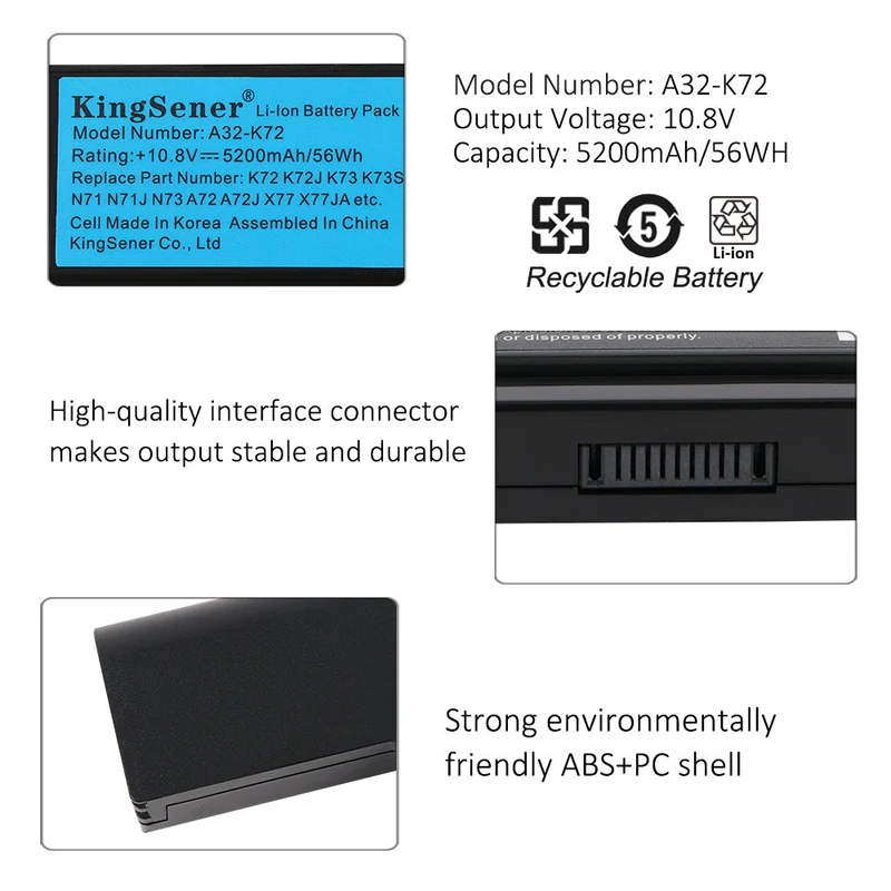 A32-K72 Replacement Battery for ASUS A72 K72 K73 N71 N73 X77 Series, 56Wh 10.8V