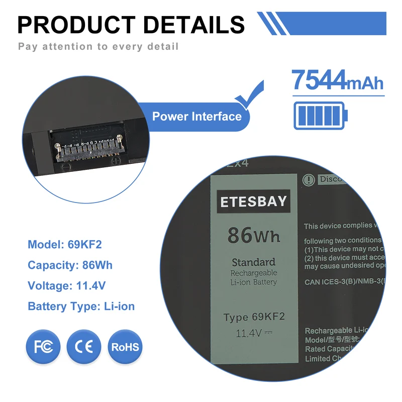 69KF2 Laptop Battery Replacement For Dell XPS 15 9500 P91F P91F001 P45E002 | US Stock