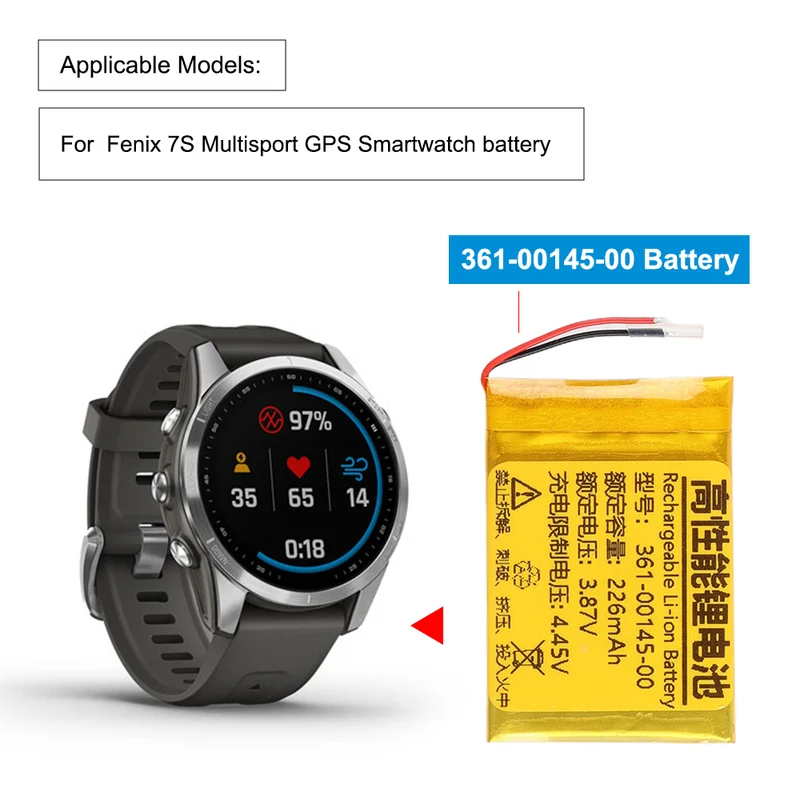 361-00145-00 Rechargeable Battery For Garmin Fenix 7S Multisport GPS Smartwatch