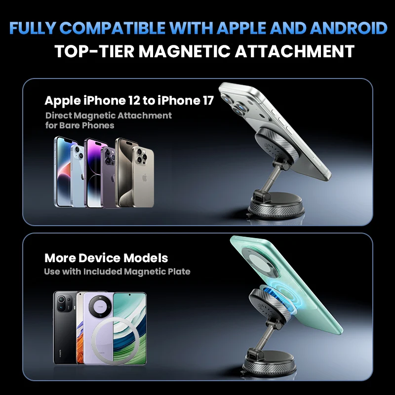 Upgraded Full Zinc Alloy Magnetic Car Phone Mount | 60x Strong Magnet & 360° Foldable Design | Universal Dashboard Holder for iPhone & Android