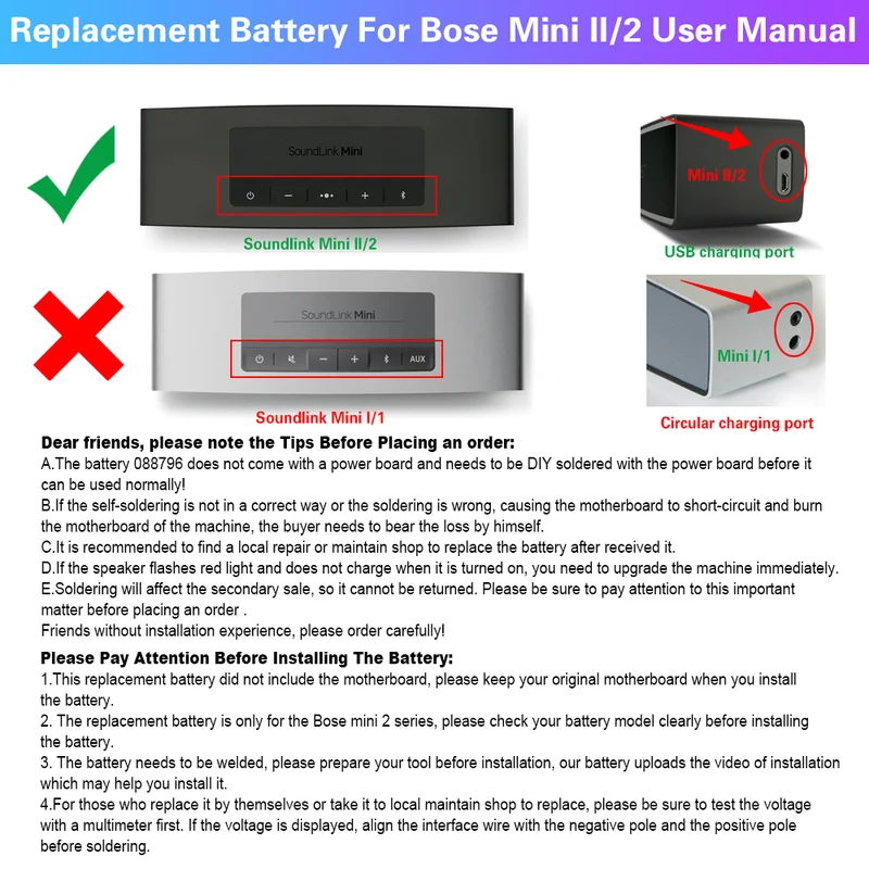 088796 088789 088772 080841 Bluetooth Speaker Wireless Battery For BOSE Soundlink Mini 2 | CA Stock