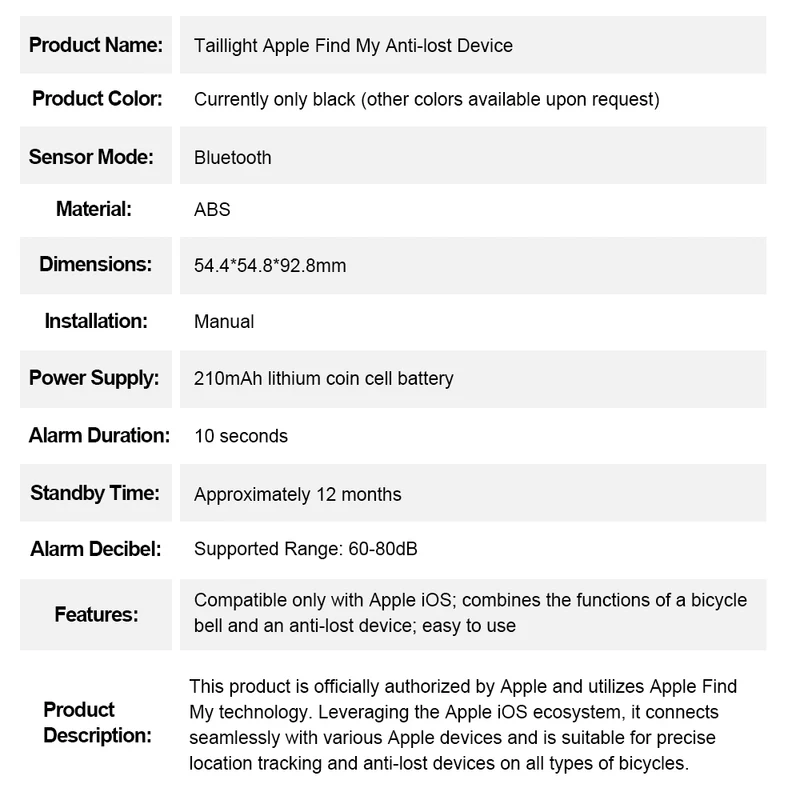 T02 Apple FindMy Bicycle Tail Light GPS Tracker - MFi Certified AirTag Alternative for Bike Security