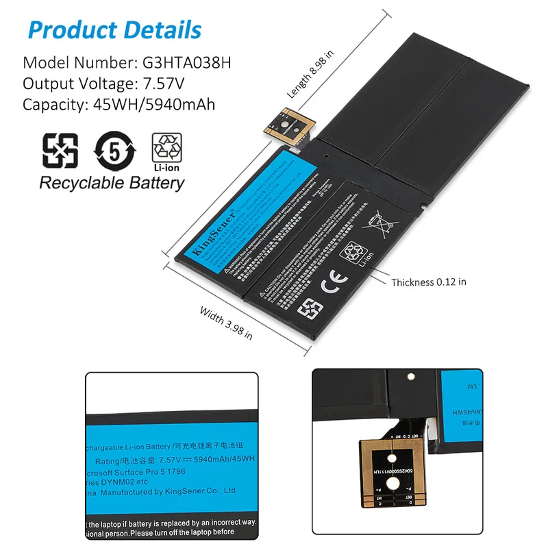 G3HTA038H DYNM02 Laptop Battery for Microsoft Surface Pro 5 1796 Series Tablet | EU Stock