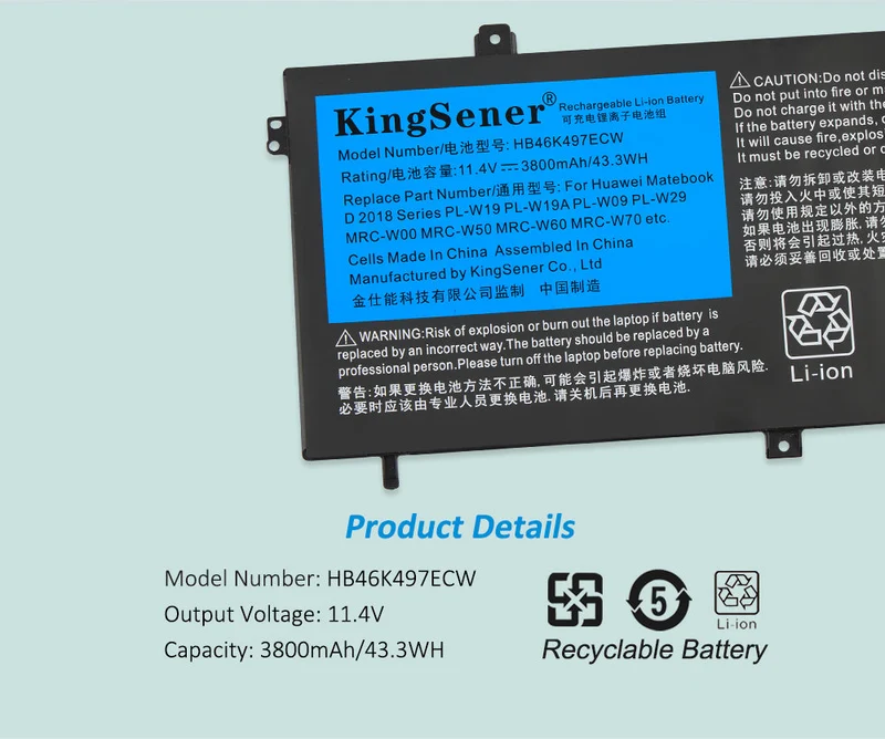 HB46K497ECW 3800mAh/42.2WH Laptop Battery For Huawei Matebook D 2018 PL-W19 MRC-W60 PL-W29 MRC-W00