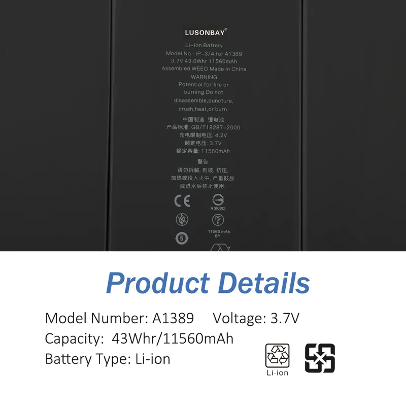 A1459 A1458 11560mAh Tablet Battery For iPad3 A1433 A1459 LUSONBAY UK Stock
