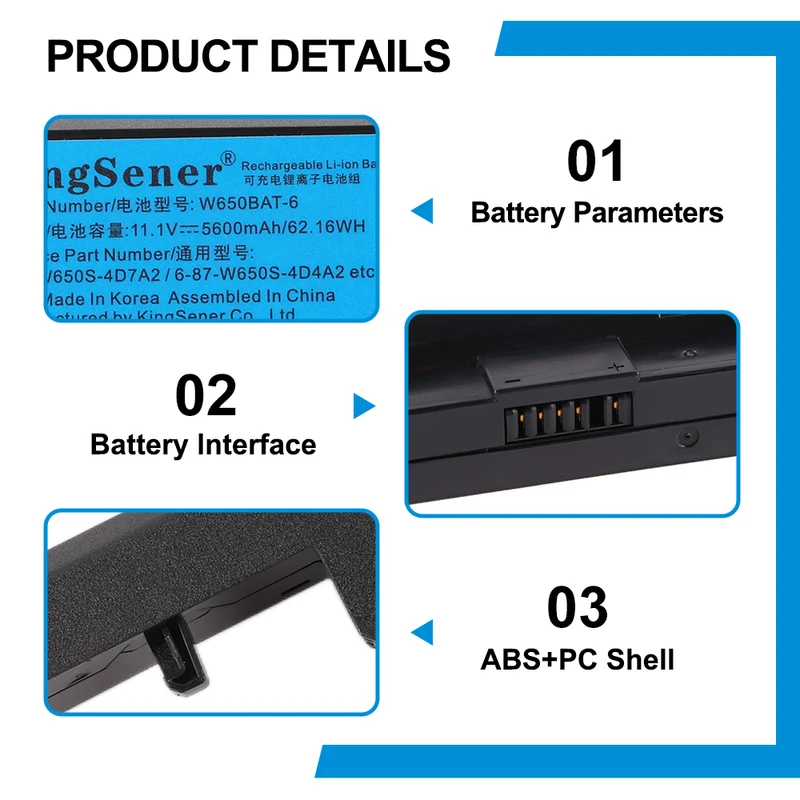W650BAT-6 Battery for Hasee K610C K650D G150SG & Clevo W650S — 11.1V 48.84Wh / 62.16Wh