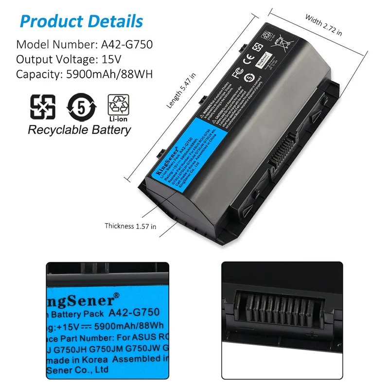 A42-G750 Laptop Battery for ASUS ROG G750 G750J G750JH G750JM G750JS G750JW G750JX G750JZ Series 5900mAh 15V 88WH | KingSener