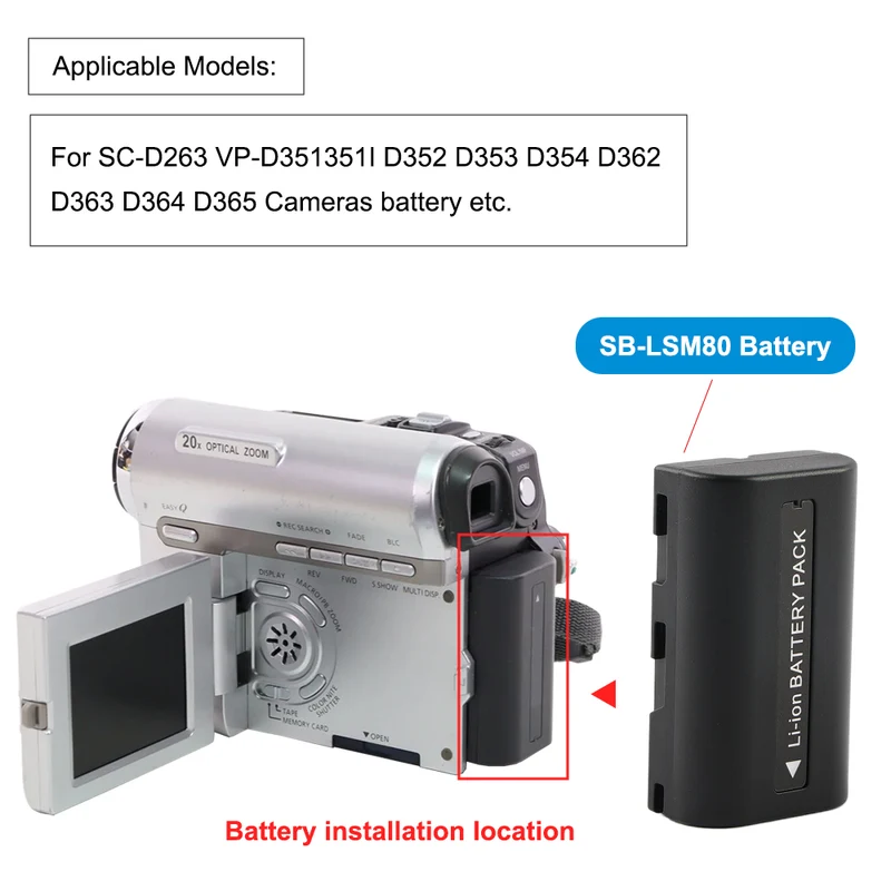 SB-LSM80 Replacement Camera Battery For Samsung SC-D263 D351 D353 D362 D363 D364 D365